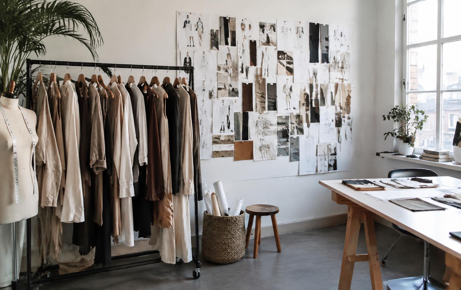 Fashion studio with garment rack and moodboard