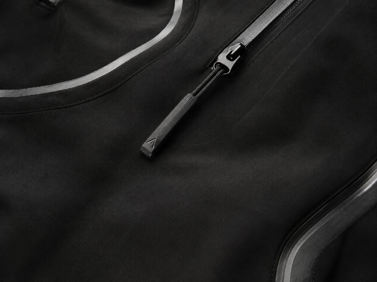 Black technical fabric with bonded seams and zip puller